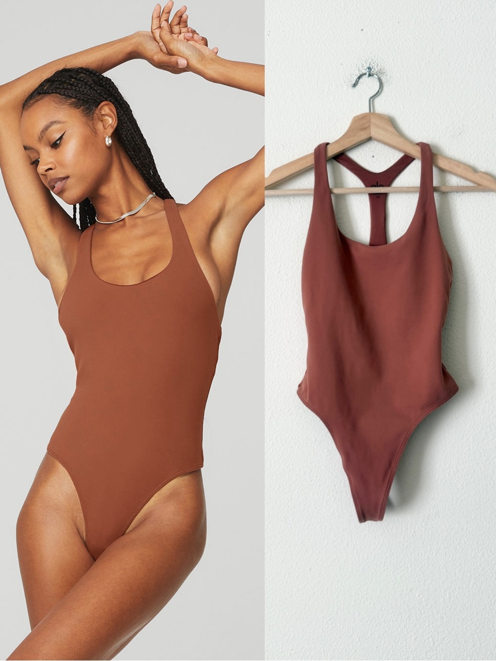 Alo yoga XS scoop neck racerback bodysuit in rust brown